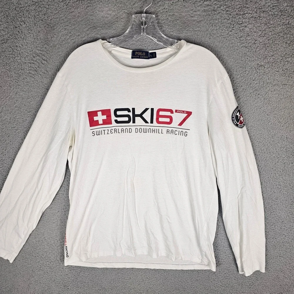 Polo Ralph Lauren Shirt Mens L White Switzerland Downhill Racing SKI 67 Graphic